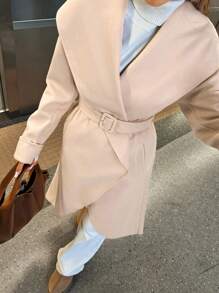 SHEIN Essnce 女士冬季羊毛风衣裹身大领高低夹克外套配腰带，米色 1 件女士休闲纯色长袖口袋夹克，日常穿着 - 杏色 - 查看 6