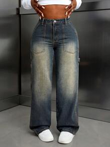 SHEIN Slayr Women's Casual Loose Fit Straight Leg Jeans With Large Pockets - Blue - View 4