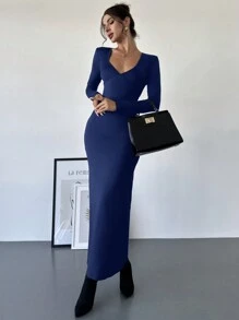 Firerie Women's Elegant Sexy Bodycon Dress, Black Deep V-Neck Long Sleeve With Cinched Waist Design, Slim Fit