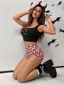 SHEIN EZwear 万圣节骷髅印花短款褶皱紧身裤 - 紅白色 - 查看 6