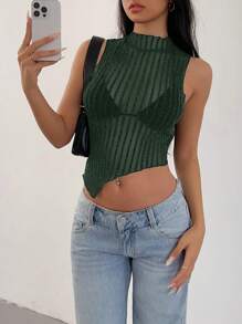 SHEIN SXY 休闲迷人性感闪光条纹网眼透明不对称下摆小立领背心，适合派对、聚会、夜总会 - 墨綠色 - 查看 3