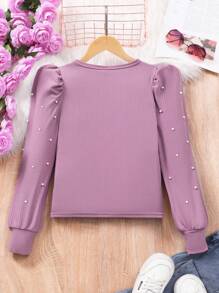 Sparklyn Tween Girl 纯黑色珍珠串珠泡泡袖休闲 T 恤 - 紫色 - 查看 2