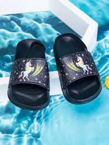 1 Par de Sandálias Rasteiras Macias e Confortáveis para Meninas Pequenas, Estampa de Unicórnio e Estrela Cartoon, Primavera/Verão