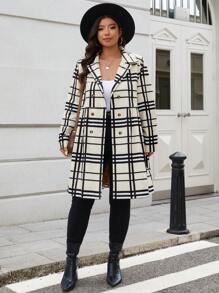 SHEIN LUNE Abrigo casual a cuadros cruzado de doble botonadura talla grande para otoño, traje de Acción de Gracias, ropa de invierno para mujer, abrigo de invierno, traje de fiesta, térmico