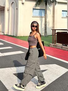 SHEIN Teen Girl Solid Color Ribbed Cami Top And Ruched Wide Leg Pants Casual 2 Pieces Set - Grey - View 6