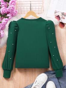 SHEIN Tween Girl Beaded Puff Sleeve Casual Black Plain T-Shirt
