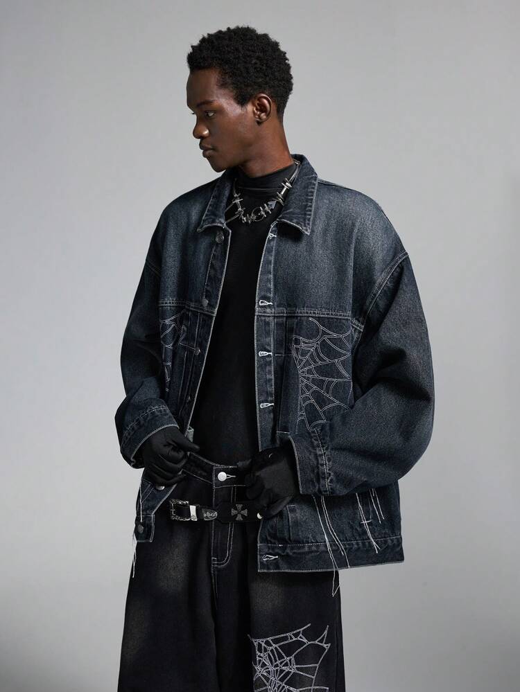 Men's Woven Long Sleeve Street-Style Spider Web Embroidery Graphic Cotton Dark Denim Jacket