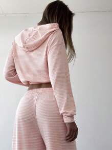 Aloruh Set de 2 piezas con conjunto casual de rayas azules y blancas para ir y venir, incluye top corto con capucha de manga larga holgada y pantalones maxi de cintura elástica