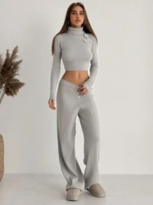 Aloruh New 2pcs Set High Neck Sweater Top With 3D Flower Decor And Straight Leg Pants, Versatile Fall/Winter Outfit - Grey - View 8