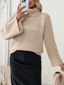 SHEIN LUNE Women Plain Turtleneck Long Sleeve Minimalist Sweater, Casual Everyday Wear Knit Pullover Fall Winter - Khaki - View 3