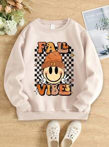 Sudadera estampada con diseños de flores, cara sonriente, hoja de arce, estampado divertido de leopardo y eslogan de letras, para niña preadolescente, conjunto de ropa de otoño