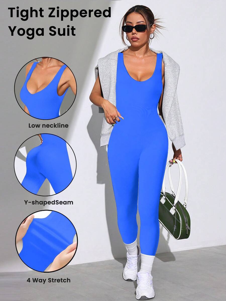 Easithlete 1pc Women Solid Color Sleeveless Simple Fitted Jumpsuit, Casual For Daily Wear - Blue - View 1