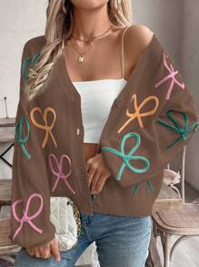 Chiquease 彩色蝴蝶结设计针织开衫，甜美优雅时尚 - 咖啡棕 - 查看 4