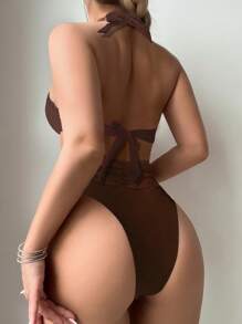 SHEIN Swim Women's Solid Color Halter Neck Bikini Set With Underwire Summer - Brown - View 2