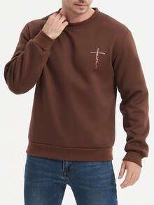 Manfinity Hypemode Áo nỉ cổ tròn in chữ dài tay, mùa thu đông - màu nâu - Xem 4