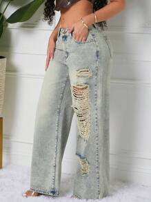 SHEIN SXY 女士休闲破洞阔腿宽松口袋牛仔裤