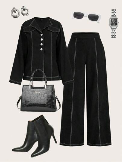 Modelyn 2 件套女士休闲前扣长袖上衣和松紧腰长裤套装 2 件套