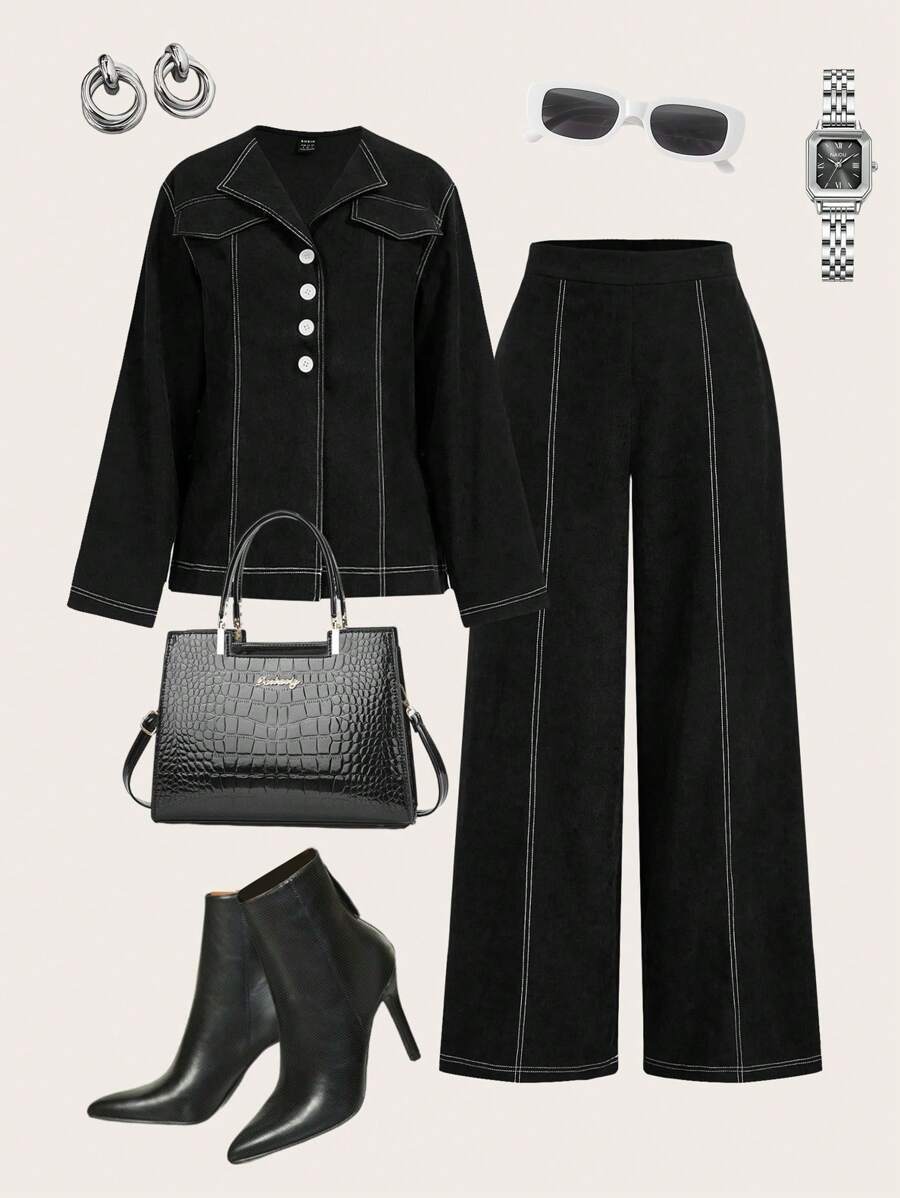 Modelyn 2 件套女士休闲前扣长袖上衣和松紧腰长裤套装 2 件套 - 黑色 - 查看 1