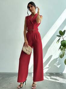 Bộ 2 món: Áo sơ mi cổ bẻ thanh lịch cho nữ đi làm + Quần ống đứng - Đỏ - Xem 5