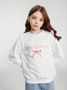 Tween Girl 休闲宽松蝴蝶结印花运动衫和浅色水洗宽松蝴蝶结刺绣直筒牛仔裤，时尚百搭，适合日常穿着 - 白色 - 查看 5
