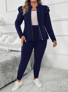 SHEIN Clasi 2 件套女士加大码优雅黑色长袖夹克配珍珠装饰和珍珠装饰裤子，适合派对和日常穿着，秋冬 - 藏蓝色 - 查看 4