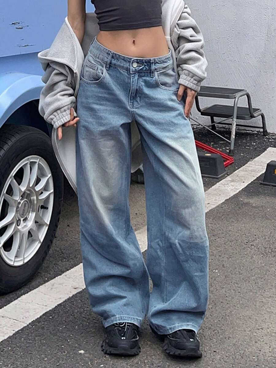 女式复古水洗宽松直筒男友牛仔裤 - 中等水洗藍 - 查看 1