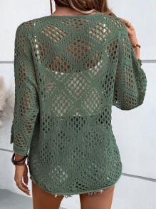 SHEIN PETITE Vacation Style Hollow-Out 3D Floral Pattern V-Neck Loose Pullover Sweater Knit Pullover Fall Winter - Green - View 2