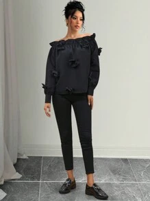 Chiquease Bluzka z odkrytymi ramionami, falbanką i kwiatowym wzorem 3D na jesień/zimę 2024 r., z odkrytymi ramionami, jesienna tkanina dla kobiet