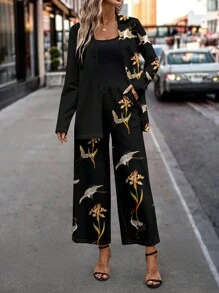 SHEIN Clasi Casual Retro Crane Pattern 2pcs Long Sleeve Set For Women, Suitable For Autumn/Winter - Black - View 1