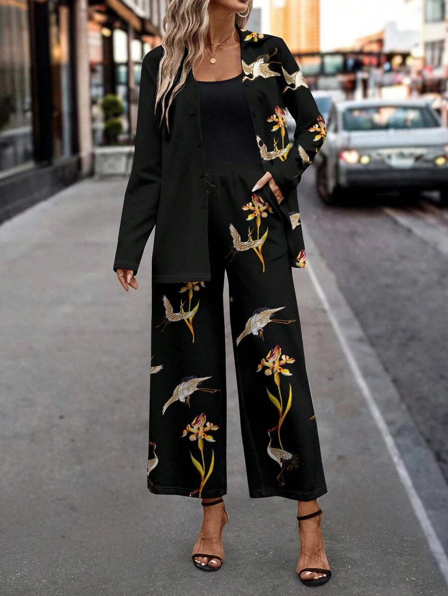 SHEIN Clasi Casual Retro Crane Pattern 2pcs Long Sleeve Set For Women, Suitable For Autumn/Winter - Black - View 1