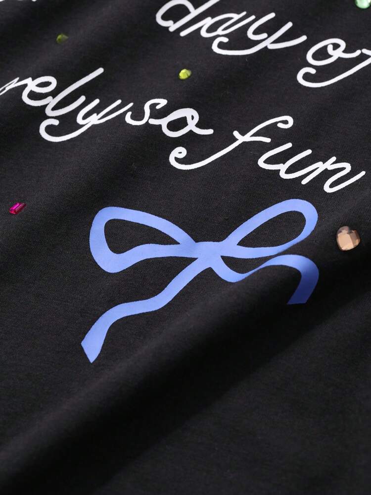 Women's Short Sleeve Loose Slogan Print Rhinestone Casual T-Shirt