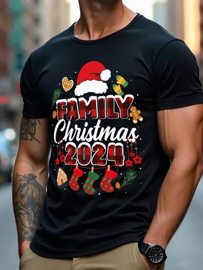 SHEIN Christmas Casual Fashionable Cartoon Santa Hat, Christmas Sock Elements Decor Creative Slogan Letter Graphic Print Basic Short Sleeve T-Shirt For Men