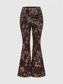 ROMWE Grunge Punk Pantaloni de damă cu design asimetric cu buton cu imprimeu ghepard sexy Y2K - Multicolor - Vizualizare 1