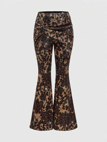 Grunge Punk Pantalon évasé vintage sexy Y2K avec imprimé léopard, boutons et design asymétrique pour femmes