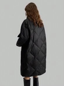 Ontre 女士黑色中长款羽绒服，可拆卸围巾，休闲商务风格，绗缝图案，冬季