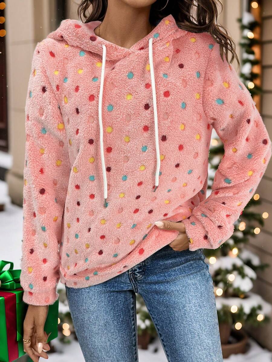 SHEIN LUNE Christmas Women Clothes Reversible Polka Dot Fleece Hoodie For Women For Christmas Party