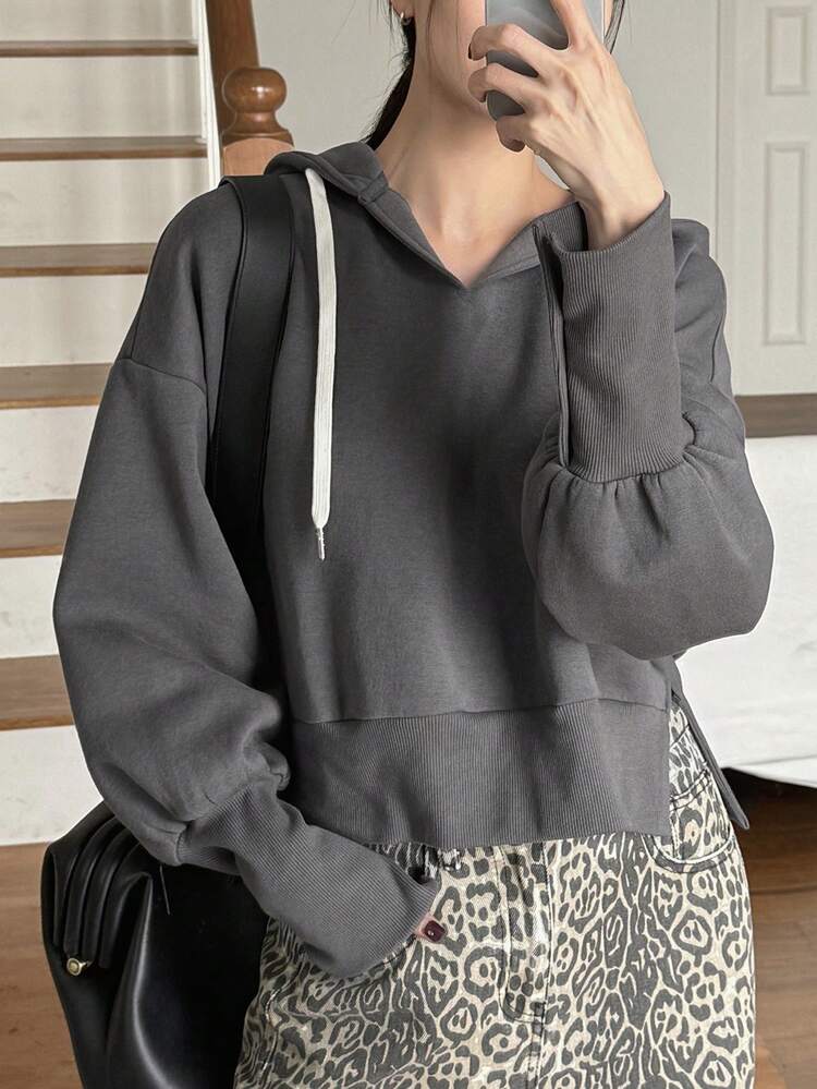 Women Drawstring V-Neck Thermal Lined Sweatshirt, Casual Everyday Wear,Fall Clothes Hoodie