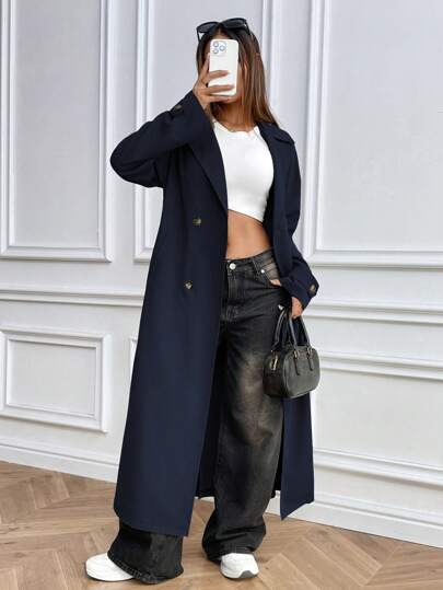 Chiquease Abrigo largo estilo gabardina para mujer, de doble botonadura, con cinturón, cuello de solapa, informal, para otoño