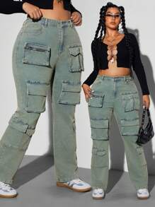 SHEIN ICON Quần Jeans Denim Nhiều Túi Phong Cách Cổ Điển Cho Nữ Cỡ Lớn - Rửa trung bình - Xem 3