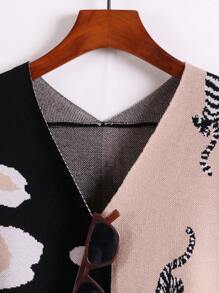 Chiquease V-Neck Contrast Leopard And Tiger Pattern Loose Cardigan