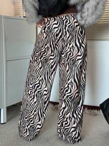 Aloruh Women Zebra Print Elastic Waist Front Tie Decoration Loose Wide Leg Pants - Black - View 2
