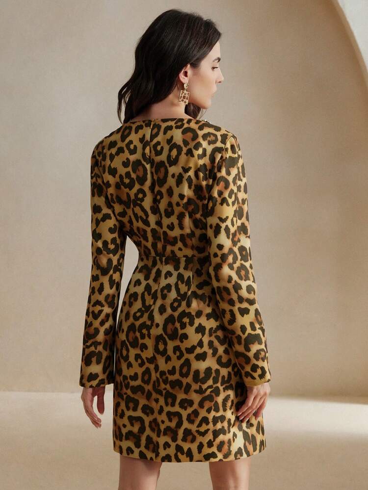 Vestido mini de manga larga con cintura ceñida, estampado de leopardo, cuello cuadrado y decoración de rhinestones, de estilo europeo y americano de alta gama