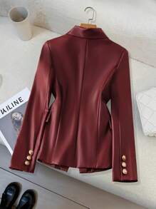 SHEIN Clasi Áo khoác Blazer nữ đơn giản, màu trơn, có túi giả, cài nút phía trước, chất liệu PU, mặc thường ngày, mùa thu/đông - Màu Đỏ Sâu - Xem 2