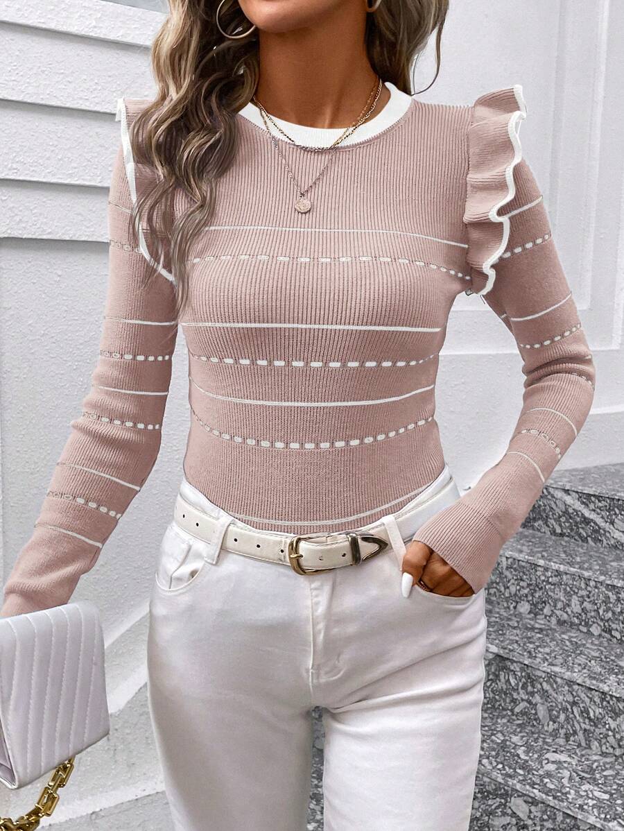 SHEIN Clasi Women Crew Neck Long Sleeve Striped Ruffled Hem Fitted Sweater, Autumn/Winter - Pink - View 1