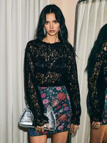 Poéselle Black Long-Sleeved Lace Shirt, Women's Round Neck Long Sleeve Lace Sheer Loose Top, Fall Women Outfits, Winter Women Clothes , Christmas Women Clothes, Simple Fashion, Old Money Style, Suitable For Daily, Out Of The Street, Commuting, And Other Occasions To Wear Autumn And Winter Essential Pieces - Black - View 4