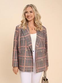 SHEIN LUNE Plus Size Vintage Plaid Pattern Long Sleeves Blazer, Autumn And Winter Holiday - Multicolor - View 1