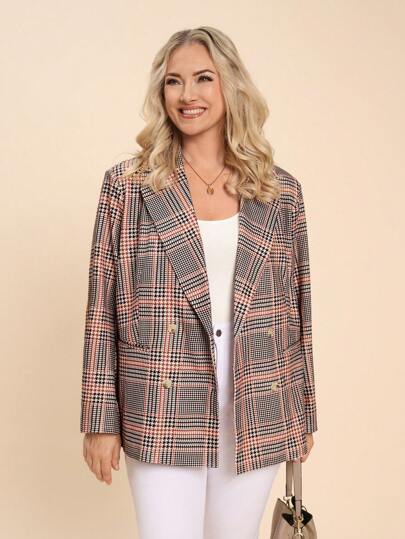 SHEIN LUNE 大码复古格纹长袖西装外套，秋冬假日款