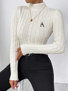 Calvaya Jersey de cuello redondo de unicolor con detalle de trenzado, top elegante con detalle de bordado, otoño/invierno