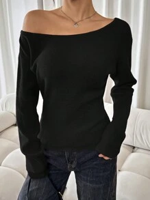 SHEIN SXY Women's Solid Asymmetrical Neckline Casual Long Sleeve Red Sweater Casual Party Elegant Home Sexy Autumn Winter Leisure Christmas Halloween New Year Asymmetrical Top,Off The Shoulder Sweater - Black - View 3