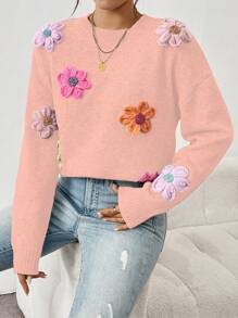Chiquease Colorful 3D Floral Decor Loose Casual Crew Neck Sweater, Cute & Soft Style For Autumn/Winter Knit Pullover Fall - Baby Pink - View 5
